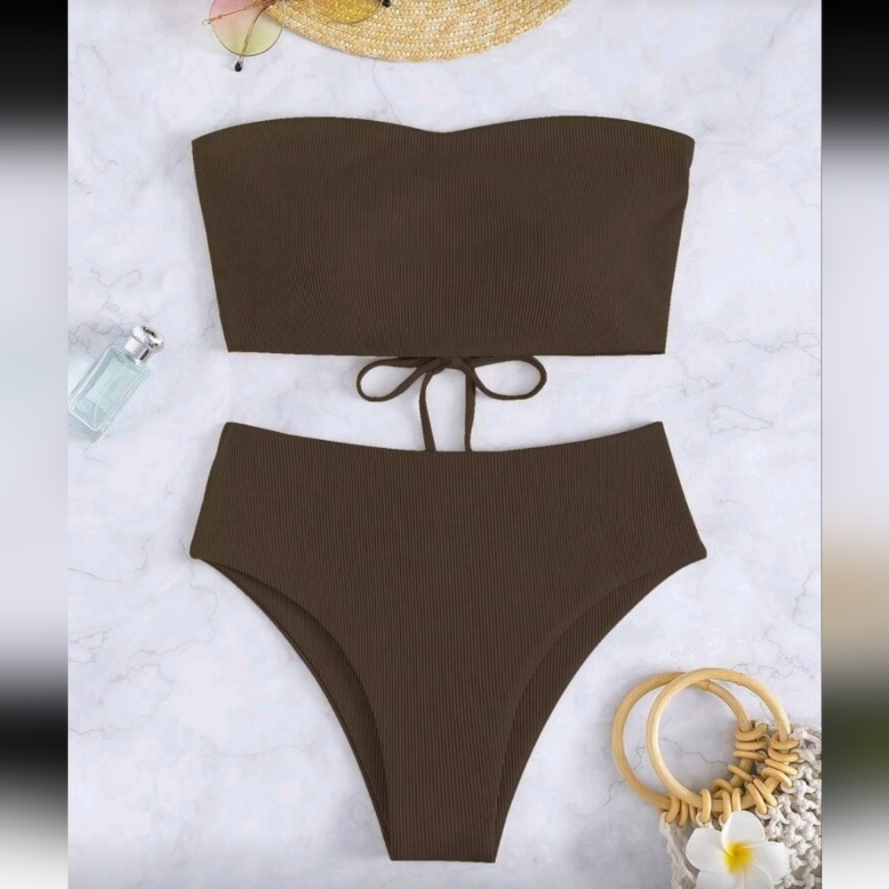 NWOT Tie Back Bandeau 2 Piece Bikini Set, L (8-10), Brown